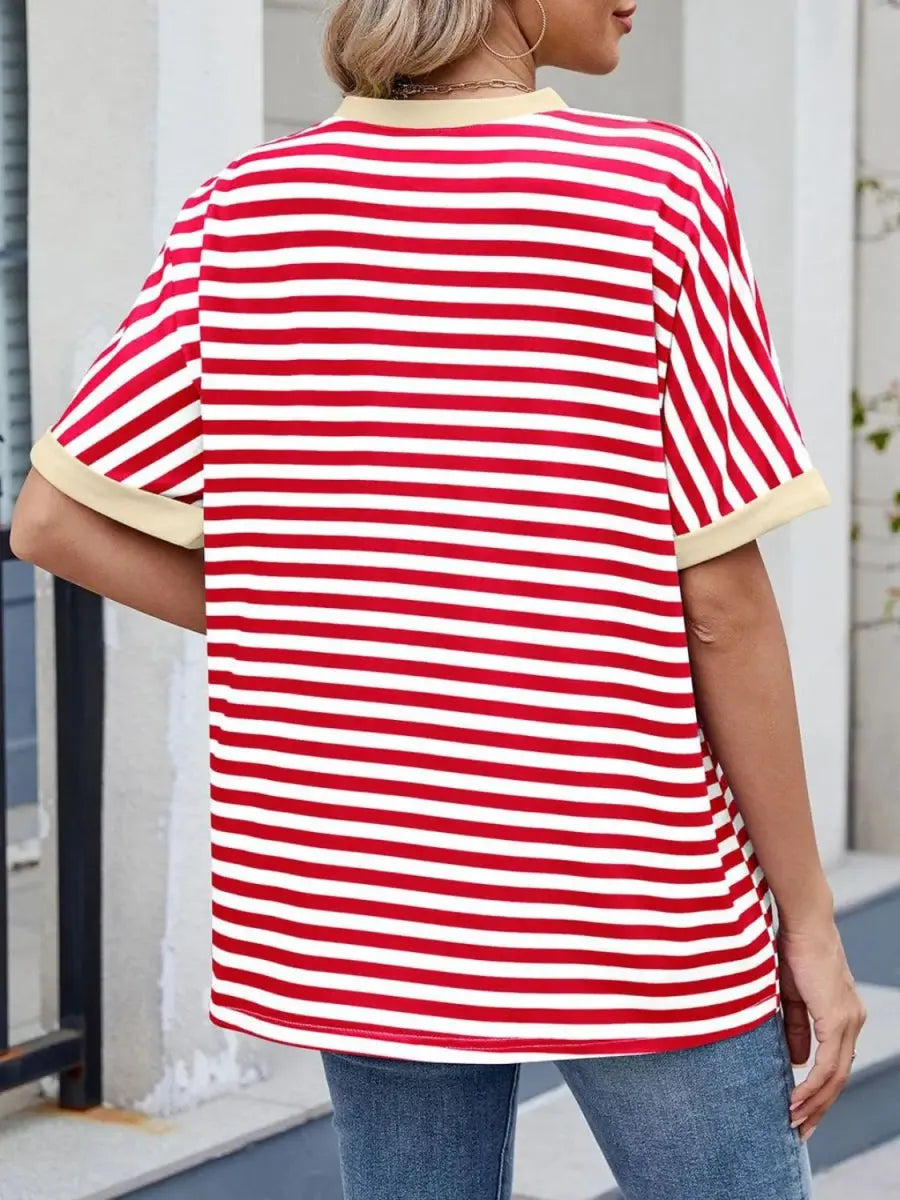 Stylish Striped Round Neck Half Sleeve T-Shirt for Women - Love Salve